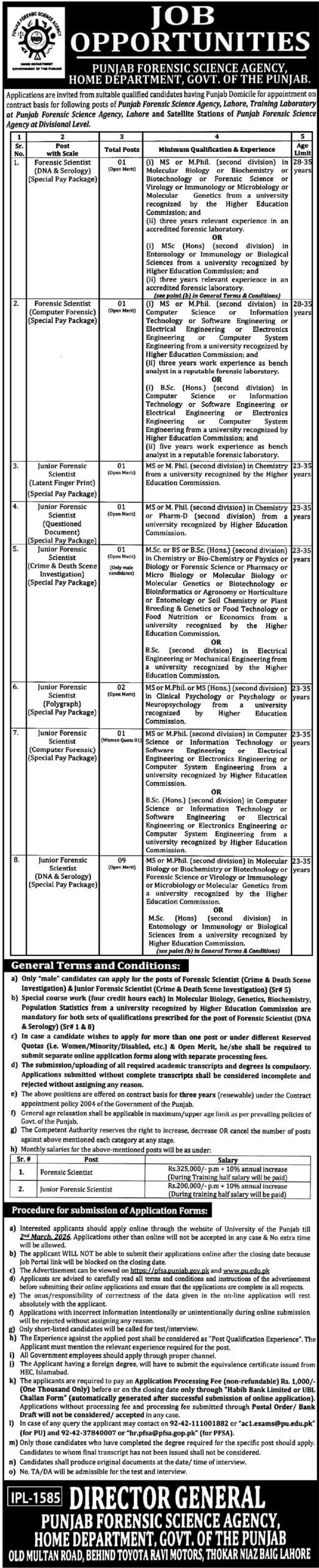 Punjab Forensic Science Agency (PFSA) Lahore Jobs 2026