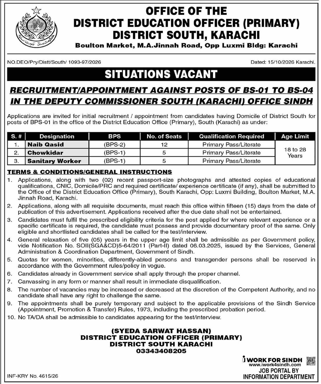 DEO South Karachi Jobs 2026 official advertisement Daily Dawn 22 October 2026