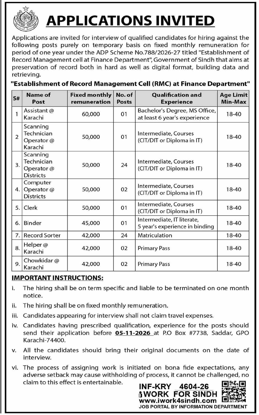 Finance Department Sindh Jobs 2026 official advertisement Daily Dawn 22 October 2026