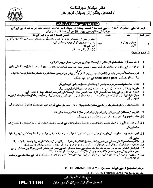 THQ Hospital Gujar Khan Jobs 2026 official advertisement Nawaiwaqt 22 October 2026