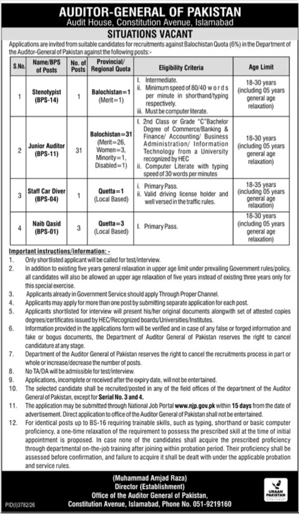 Auditor General of Pakistan job advertisement PID(I)3782/26