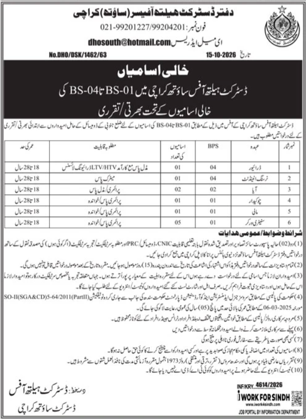 DHO South Karachi Jobs 2026 official advertisement Daily Jang 22 October 2026