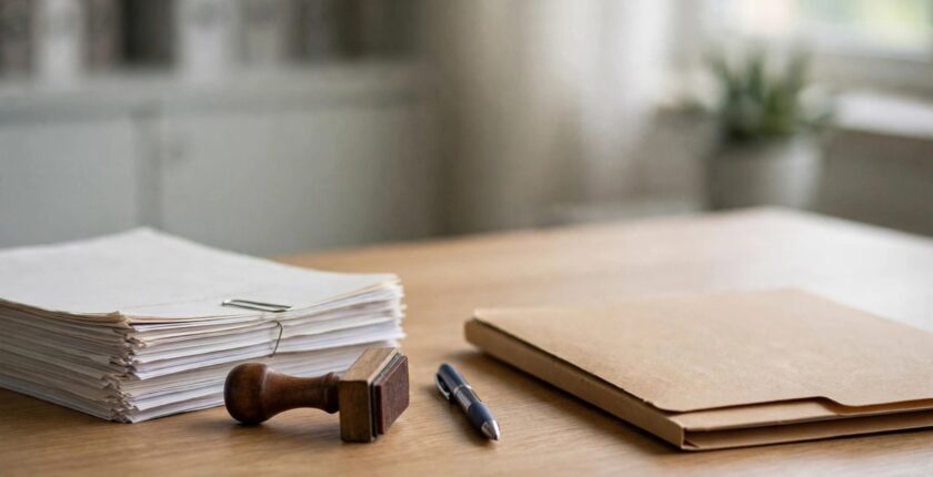 Official documents, stamp and folder on an office desk