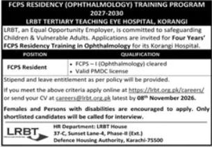 LRBT FCPS Residency Ophthalmology 2027-2030 advertisement
