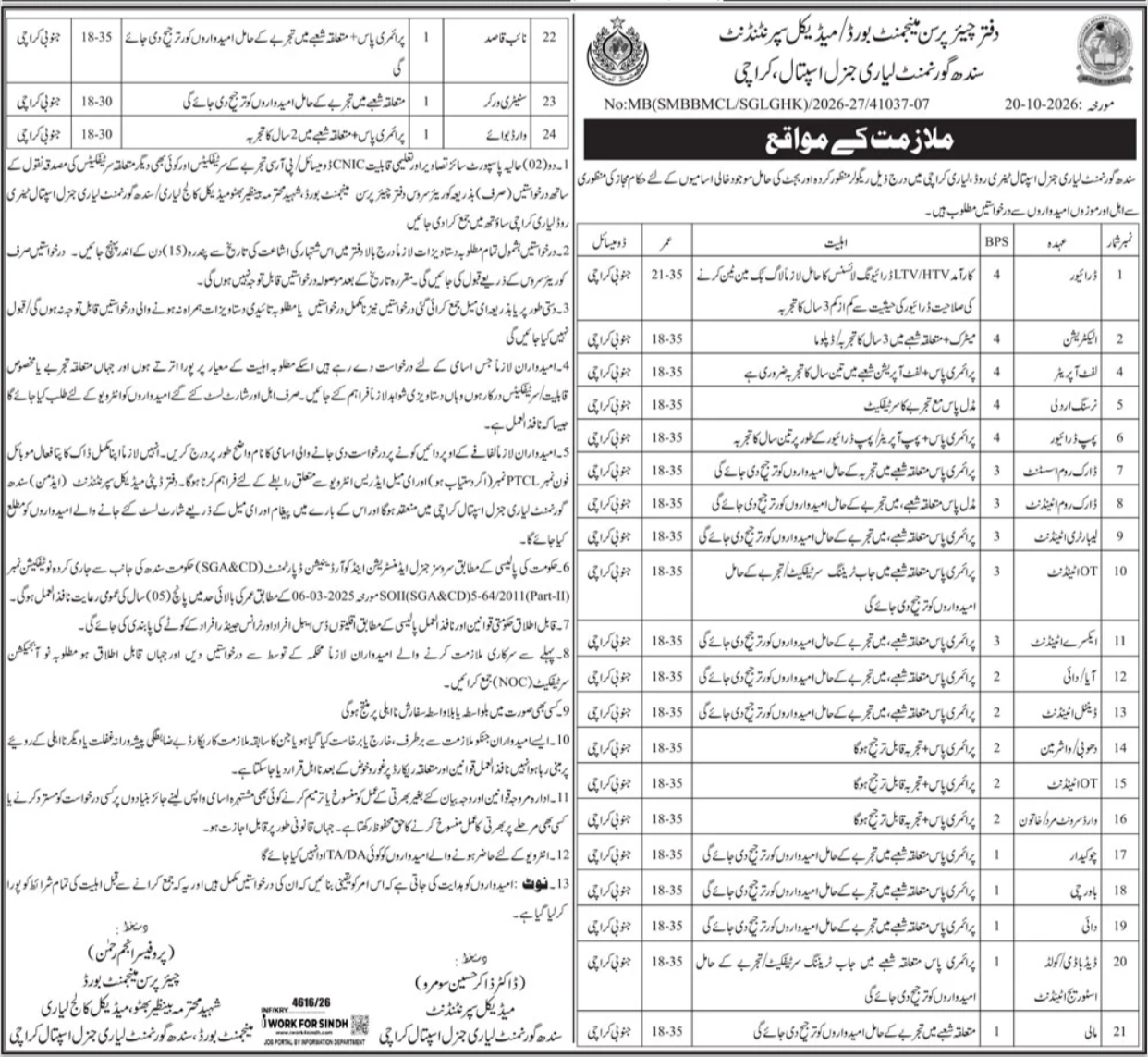 Sindh Government Lyari General Hospital Karachi Jobs 2026 official advertisement Daily Jang 22 October 2026