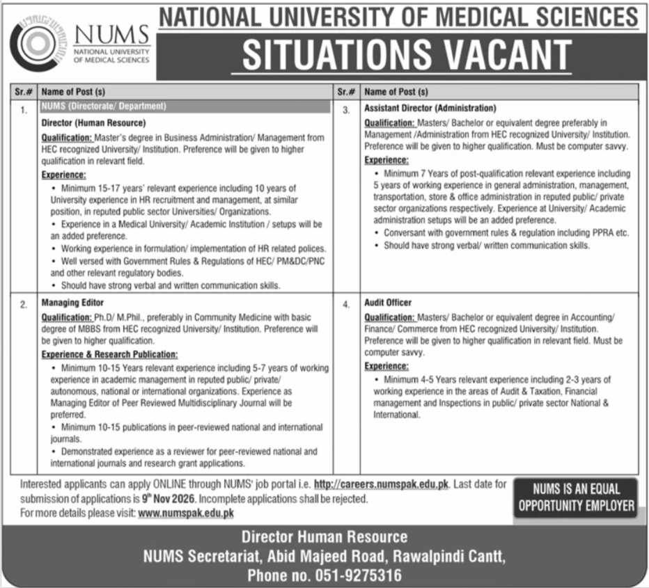National University of Medical Sciences NUMS job advertisement