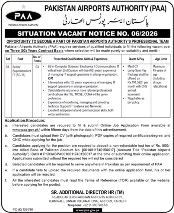 PAA Jobs 2026 official advertisement Situation Vacant Notice No. 06/2026 Daily Dawn 23 October 2026